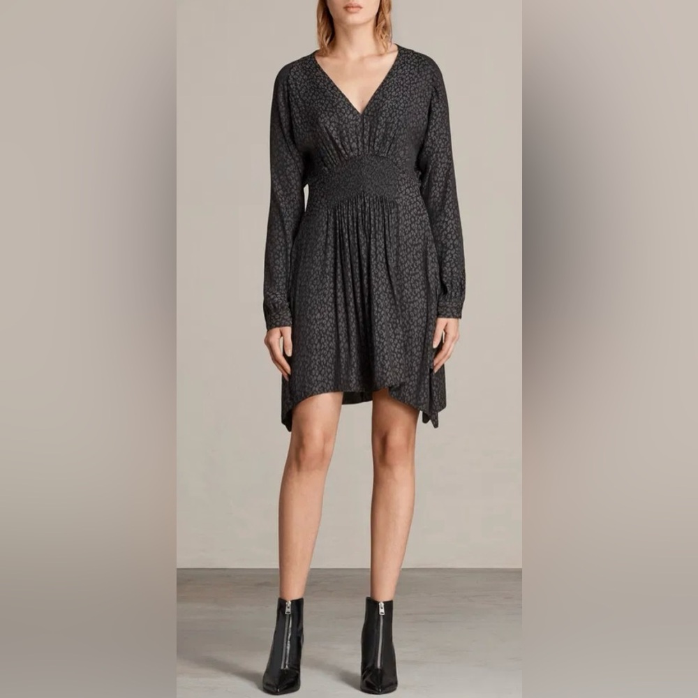 All Saints Long Sleeve The Nichola Leopard Dress Waist Smocking & Asymmetric Hem